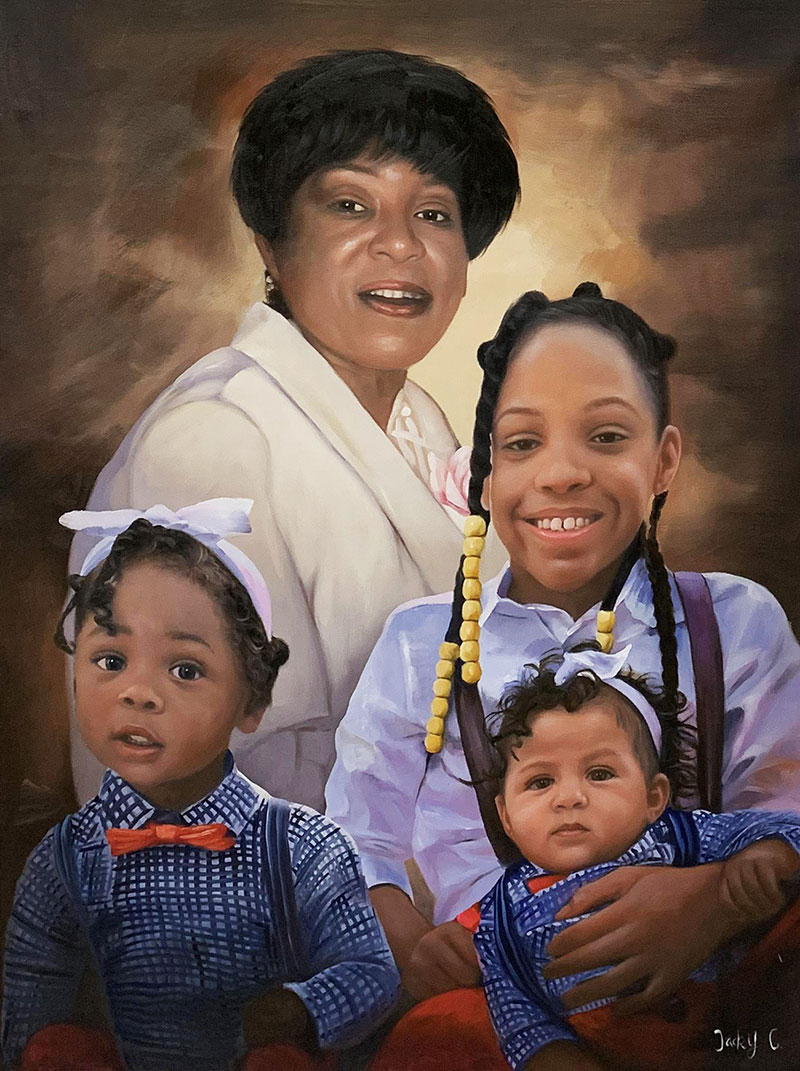 Painted portrait of a grandmother with three grandchildren.