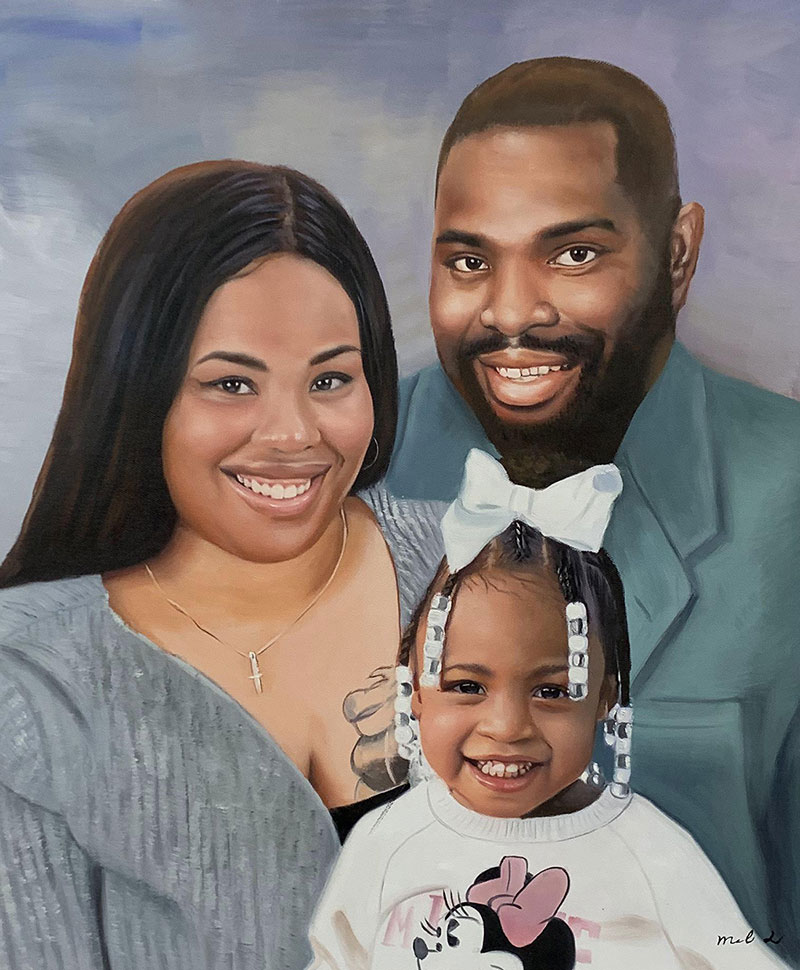 Painted portrait of a Black family: a mother, father, and young daughter.