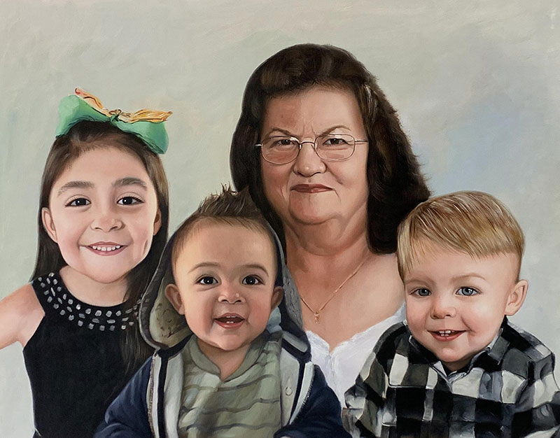Beautiful oil portrait of grandmother with grandchildren