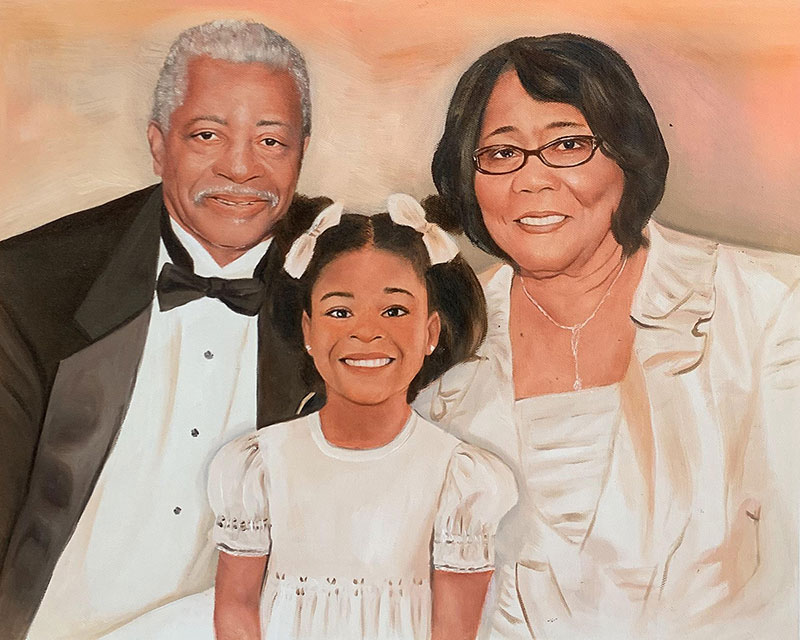 Painted portrait of a grandfather, grandmother, and granddaughter.