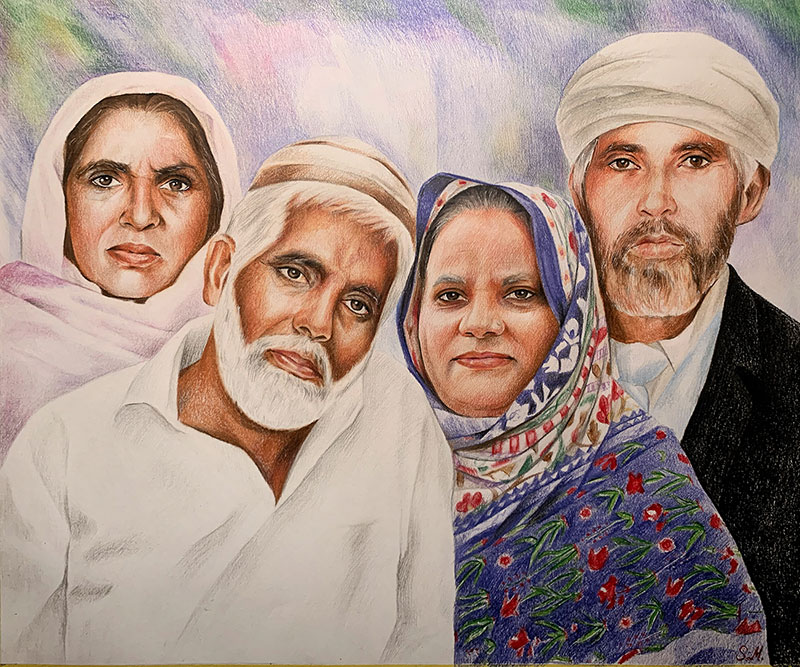 Custom handmade color pencil artwork of a family
