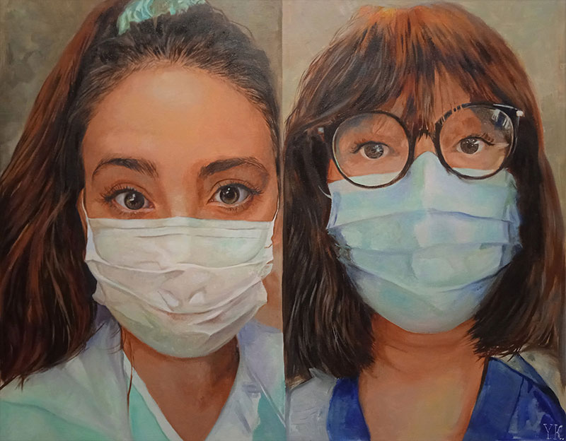 Gorgeous handmade oil artwork of nurses with masks