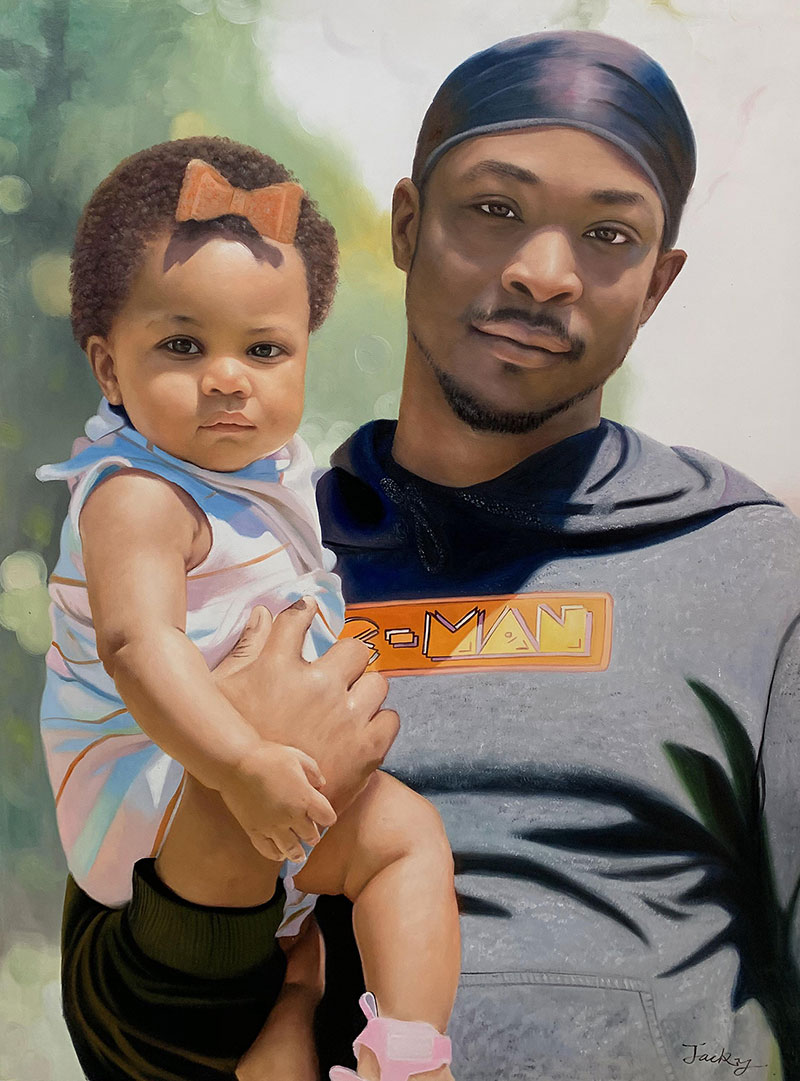Painting of a father holding his toddler daughter.