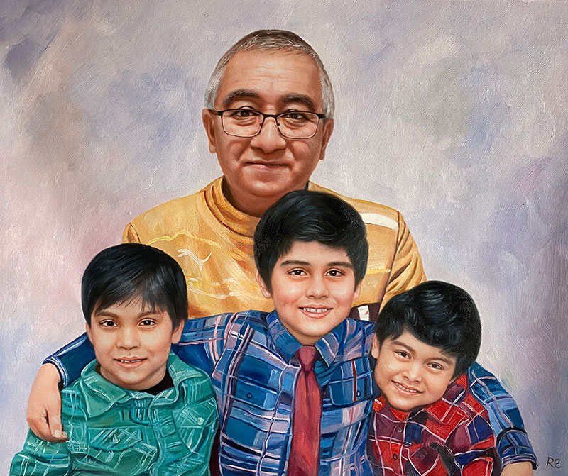Custom handmade oil painting of a grandfather and children