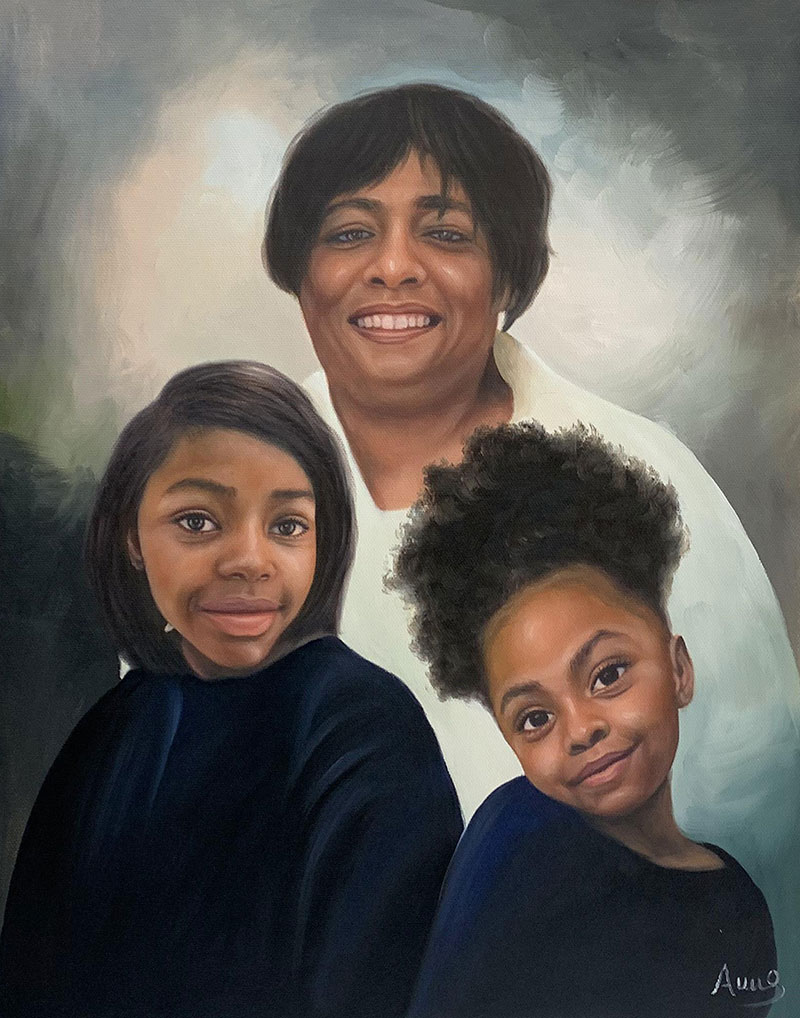 Custom handmade oil artwork of a grandmother and children