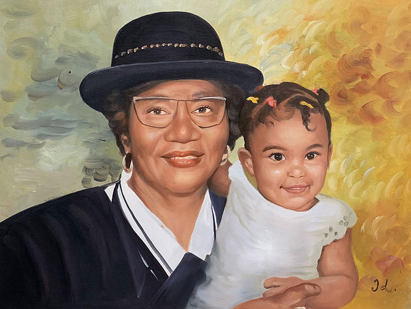 Gorgeous handmade oil painting of a grandmother and kid