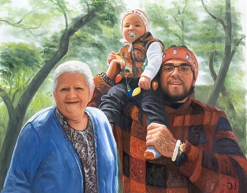 Painting of a grandmother, father, and baby in a park setting.
