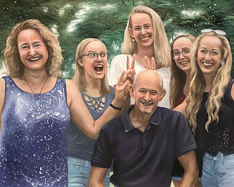 Beautiful handmade oil painting of a family having fun