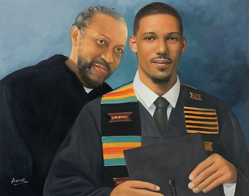 Portrait painting of a graduate and his father.