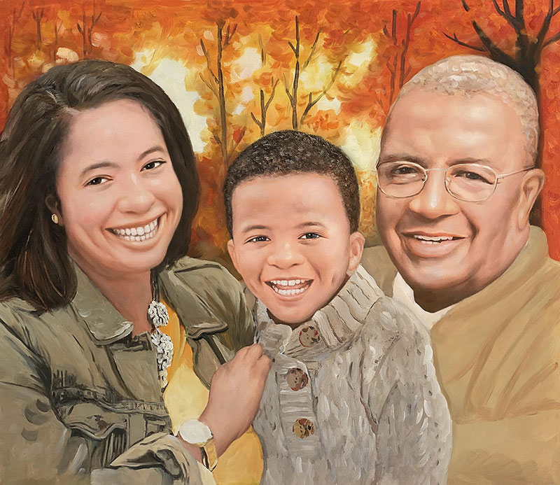 Family portrait painting, autumn background.