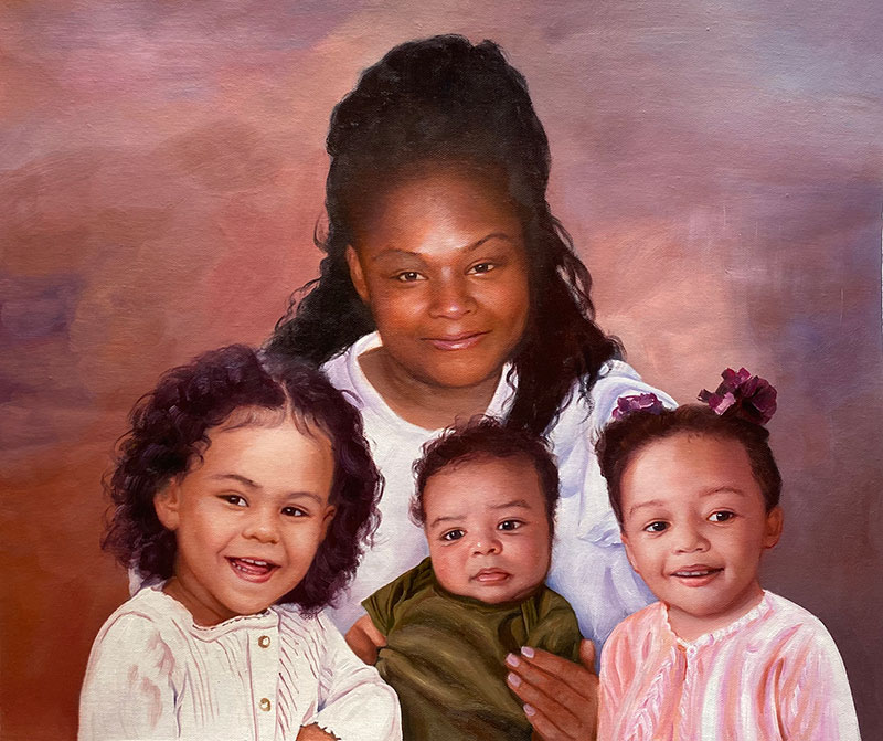 Beautiful oil painting of a grandmother with three kids