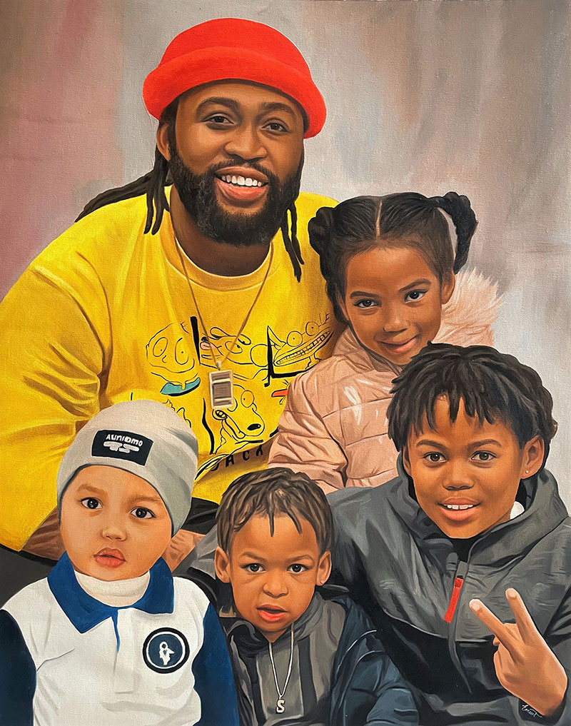Realistic oil portrait of father with four children