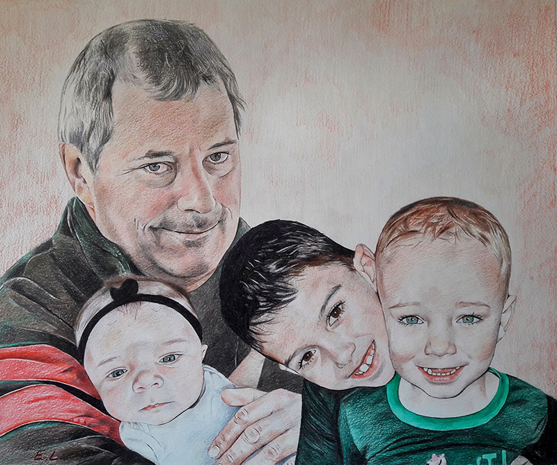 Stunning color pencil drawing of a grandfather with family