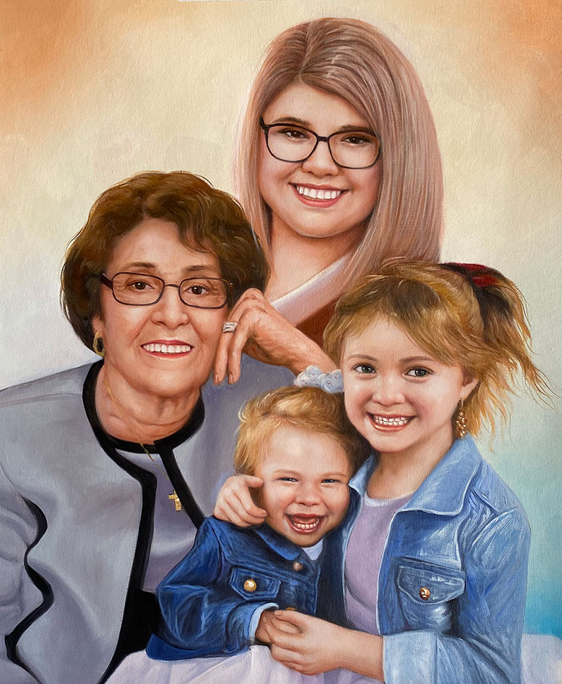 Gorgeous oil painting of grandmother with grandchildren