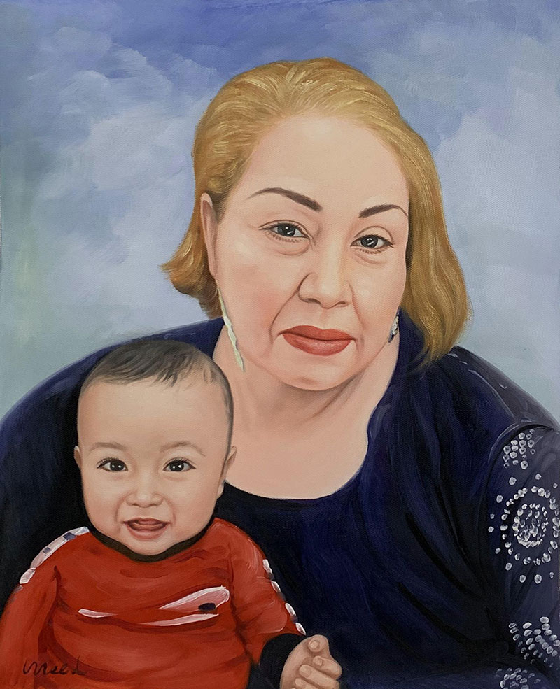 Gorgeous oil painting of a grandmother with grandchild