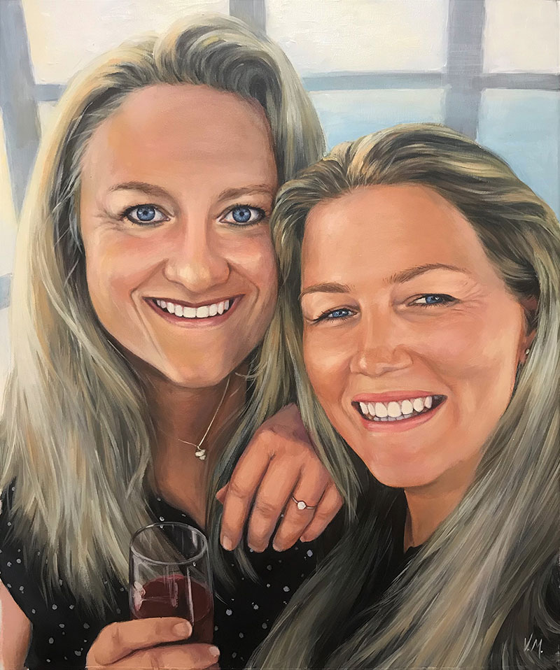 Close up oil portrait of two adults 