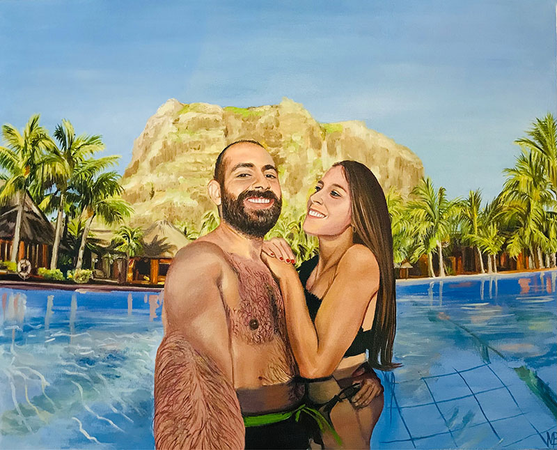 Custom handmade oil painting of a couple in pool