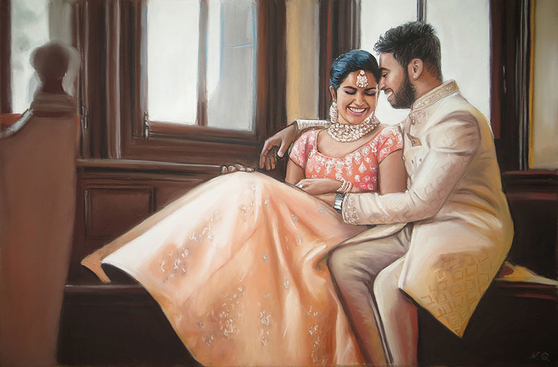 Beautiful handmade pastel artwork of an Indian couple