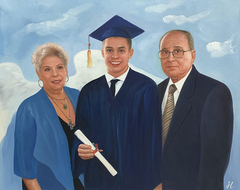 Personalized oil painting of a graduate with parents