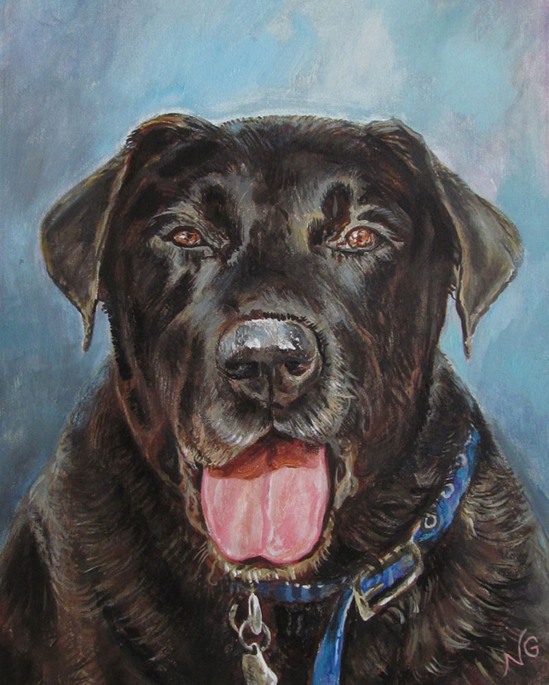 Close up oil painting of a dog with blue background