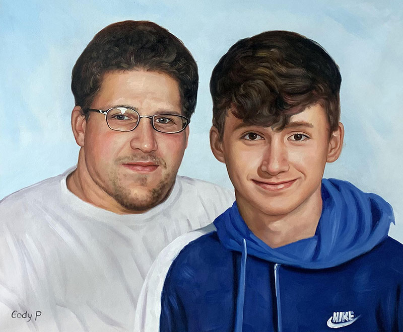 Hyper realistic oil portrait of a father and son