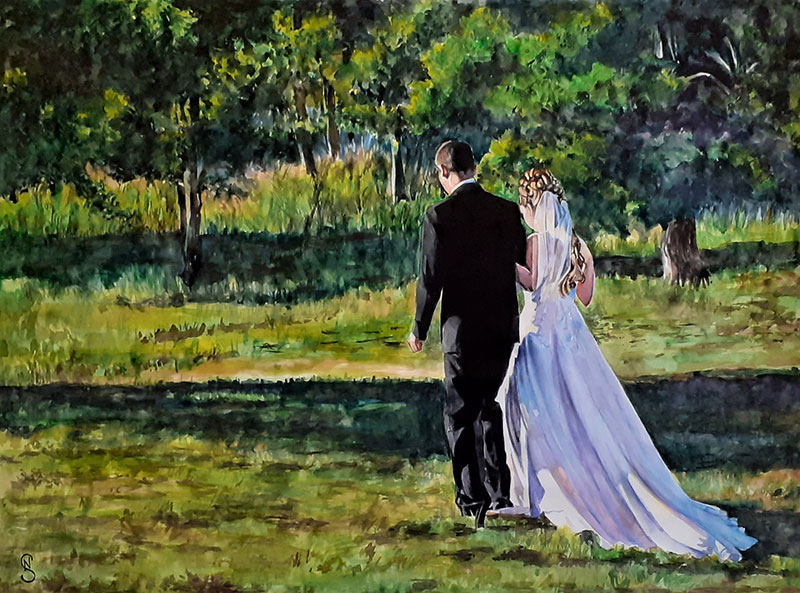 Gorgeous watercolor painting of a just married couple