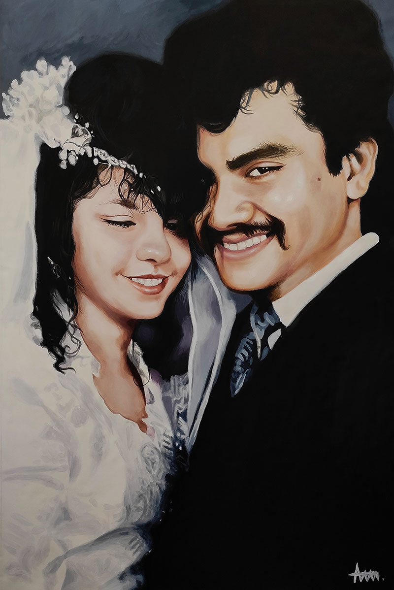 Beautiful vintage acrylic wedding portrait of a couple