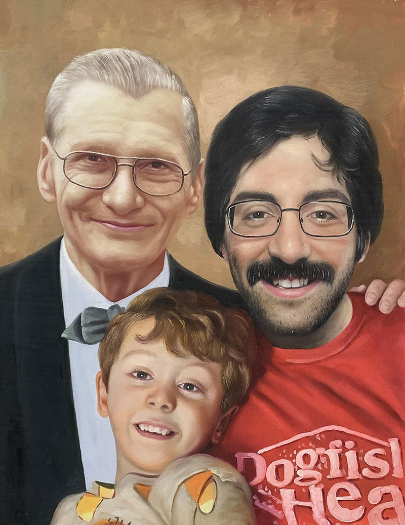 Custom handmade oil portrait of three generations