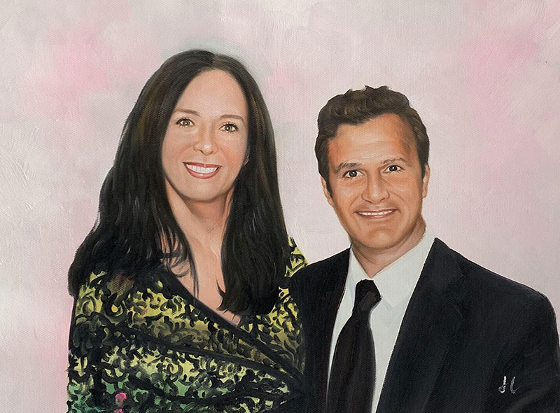 Painted portrait of a couple, woman in a dark, patterned dress, man in a suit and tie.