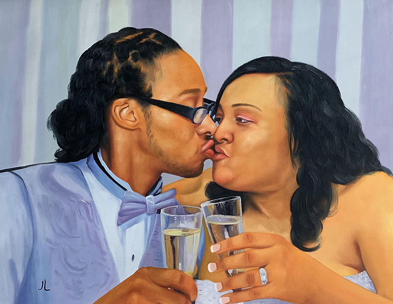Painting of a couple kissing and toasting with champagne flutes.