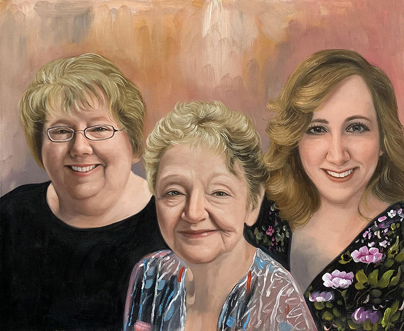 Painted portrait of three generations of women.