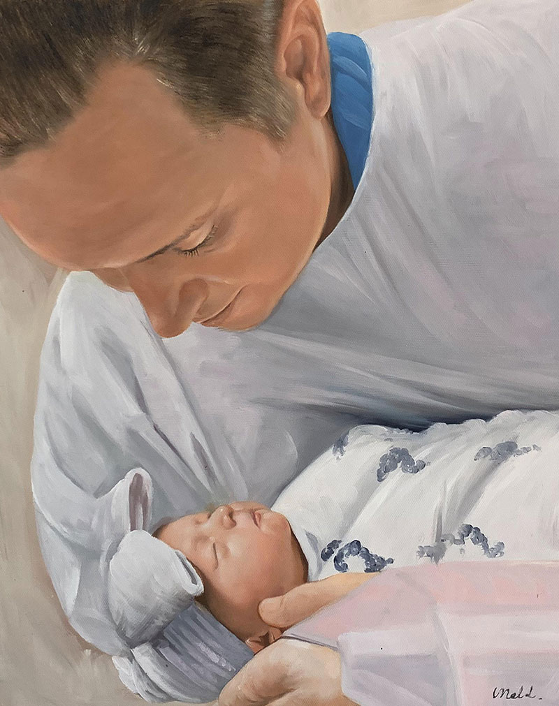 Gorgeous close up oil portrait of a father holding a newborn