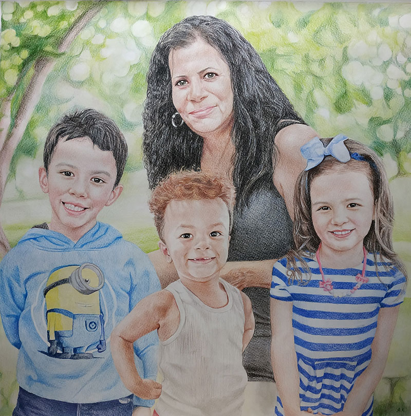 Beautiful color pencil painting of a grandmother with kids