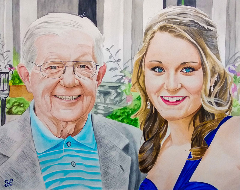 Beautiful watercolor painting of a grandfather with an adult