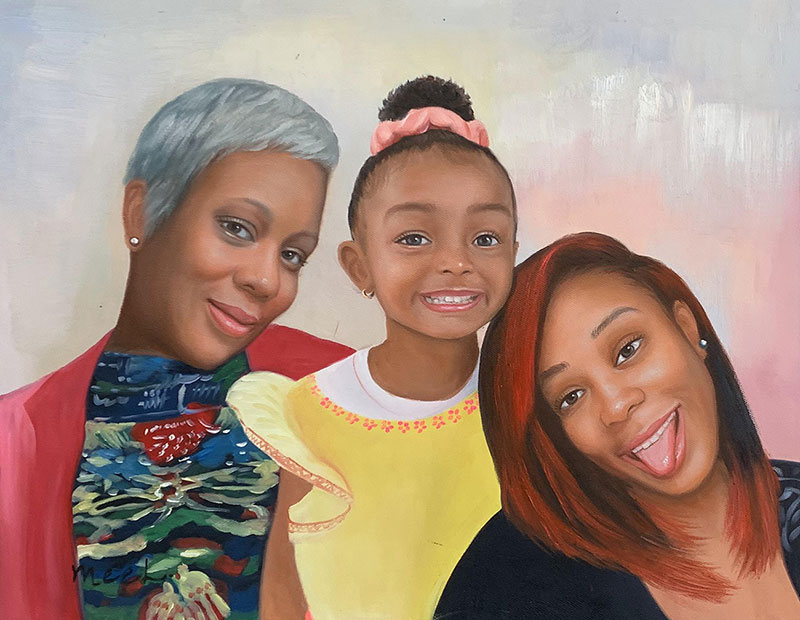 Painted portrait of three Black women: a young girl in the center, flanked by an older woman and a younger woman.