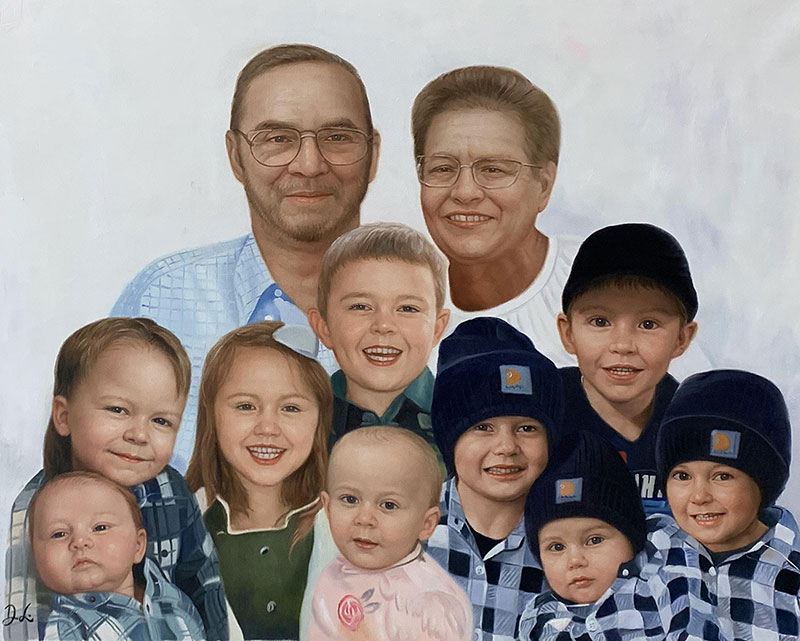 Custom oil painting of a grandparents with grandchildren