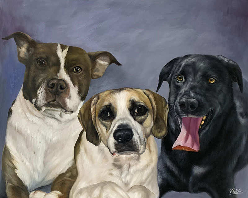 Painting of three dogs, a Pit Bull, a black Labrador, and a mixed breed.