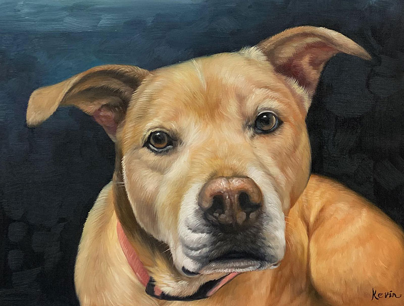 Painting of a light brown dog with pink collar, looking at the viewer.