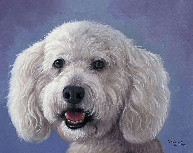 Hyper realistic oil painting on canvas of a white dog