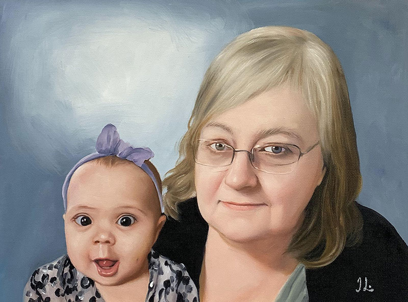 Custom oil painting of a grandmother with grandchild