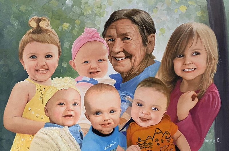 Custom oil painting of a grandmother with grandchildren