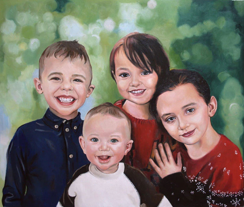 Custom handmade oil portrait of four siblings
