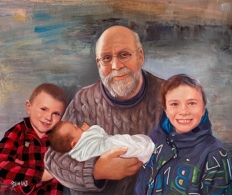 Custom oil painting of a grandfather with three grand kids