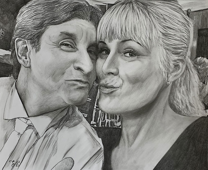 Custom close up charcoal drawing of a couple