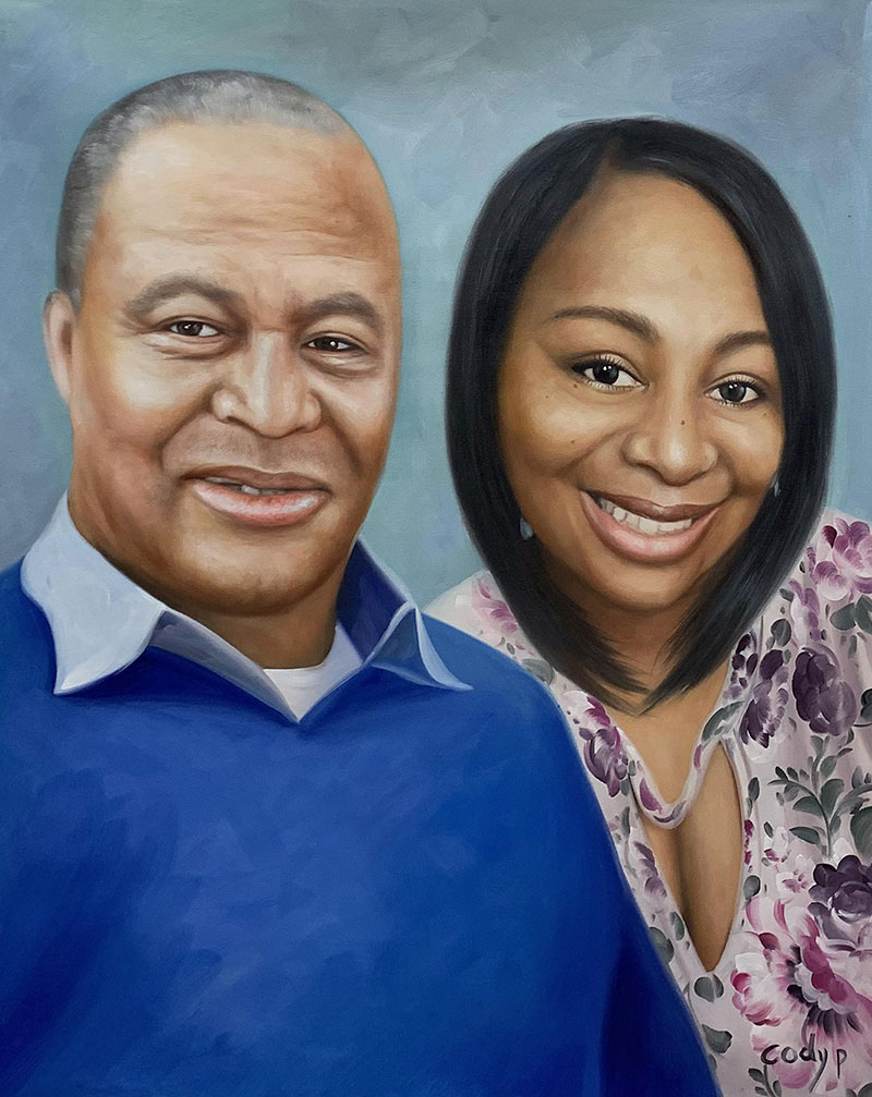 Painted portrait of an older man and a younger woman.
