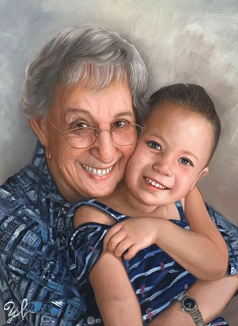 Gorgeous handmade oil portrait of a grandmother with a child