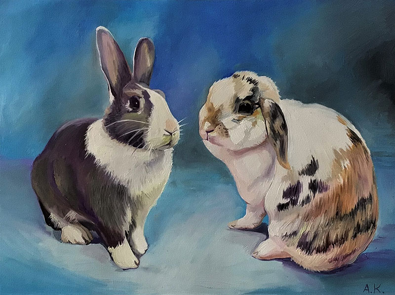 Custom handmade oil painting of two rabbits