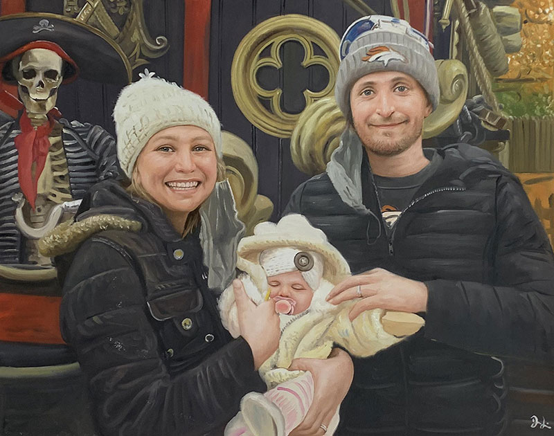 Custom handmade oil painting of parents and child