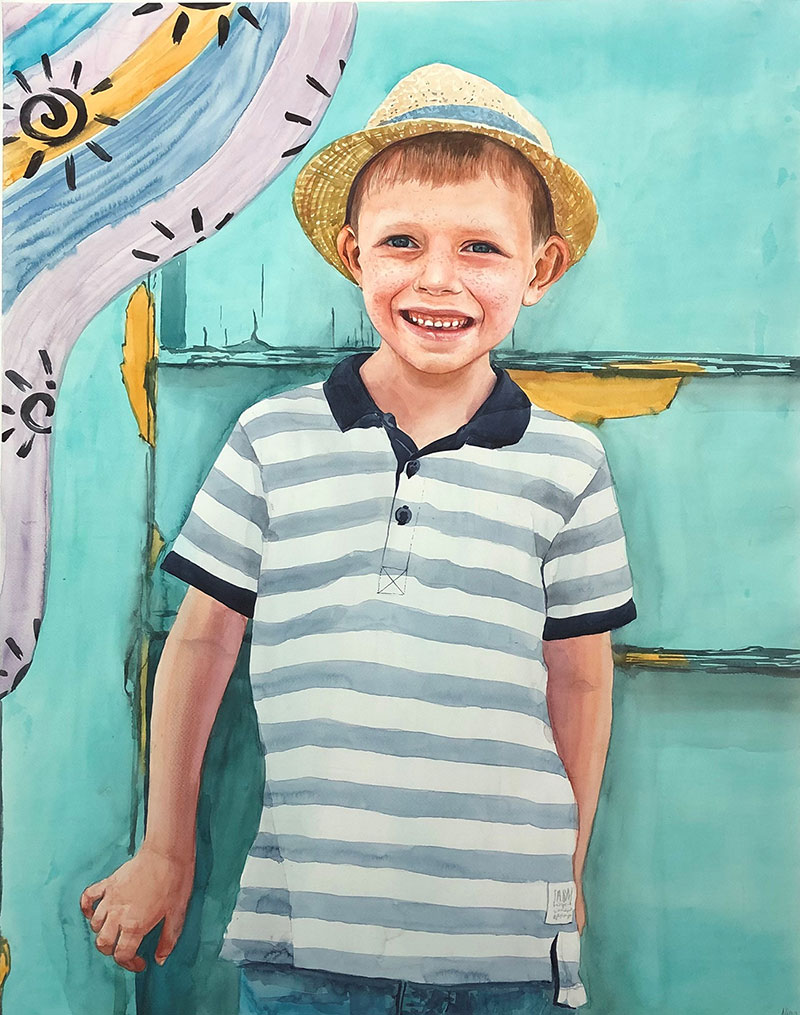 Beautiful watercolor painting of a boy with a hat
