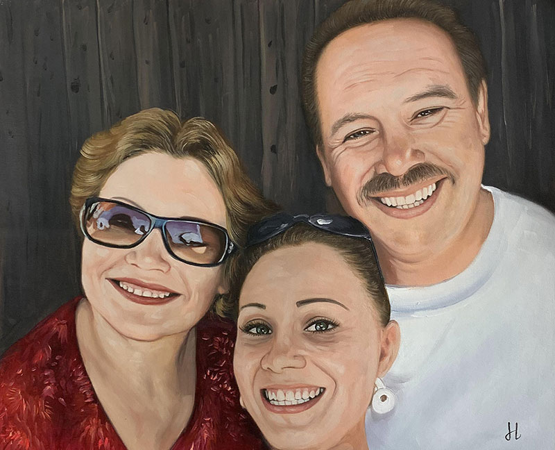 Beautiful handmade oil painting of parents with daughter